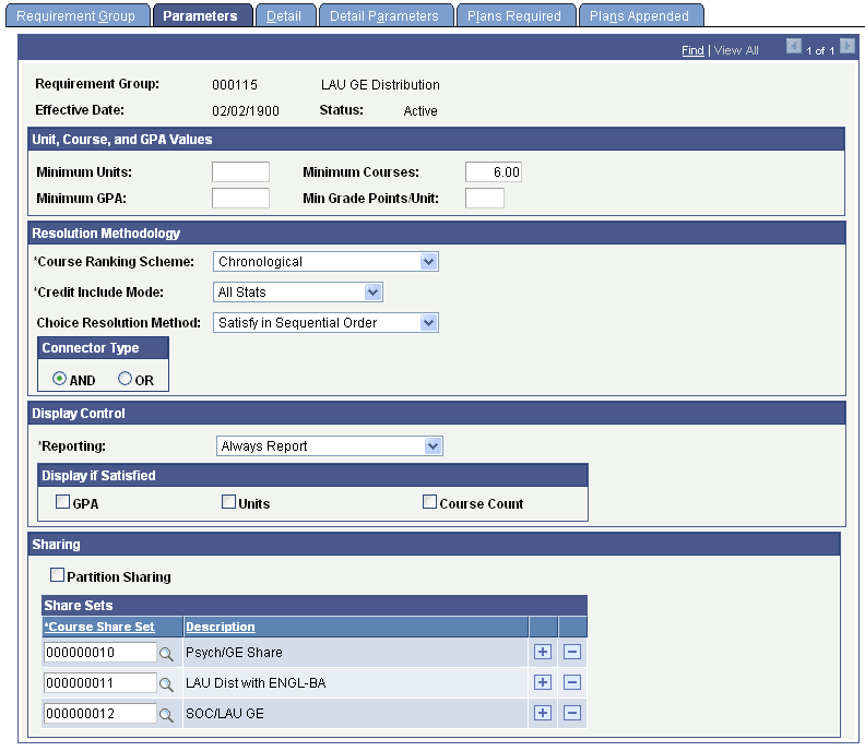 Parameters page