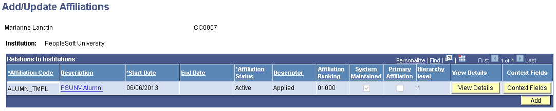 Add/Update Affiliations page Add/Update Affiliations page
