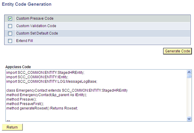 Entity Code Generation page Entity Code Generation page