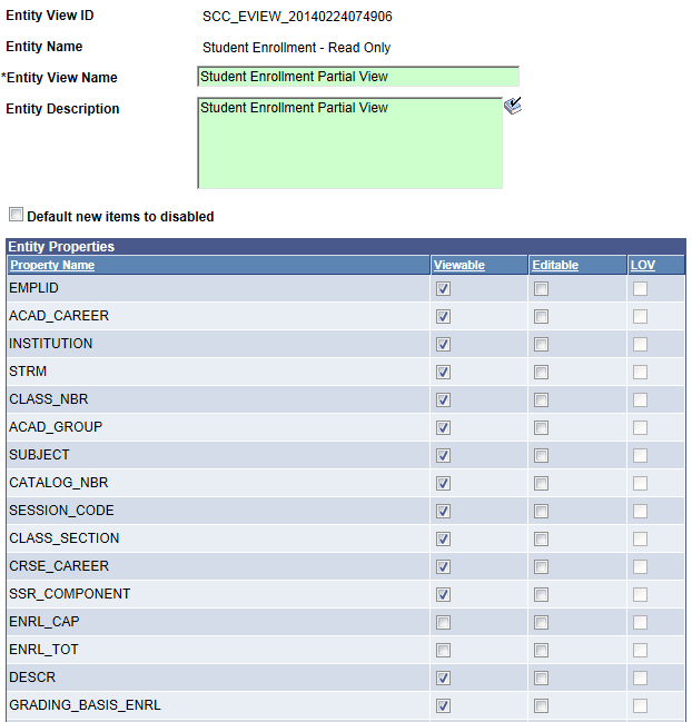 Entity View Editing page for Student Enrollment - Read Only for Rules Engine User Interface Example