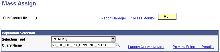 Example of the Population Selection group box with the PS Query tool selected