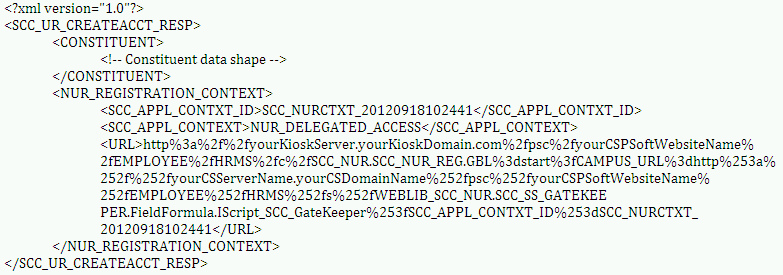 Example of the SCC_UR_CREATEACCT_RESP message that the SCC_USERREG_CREATEACCT service operation responds to the calling online transaction Example of the SCC_UR_CREATEACCT_RESP message that the SCC_USERREG_CREATEACCT service operation responds to the calling online transaction