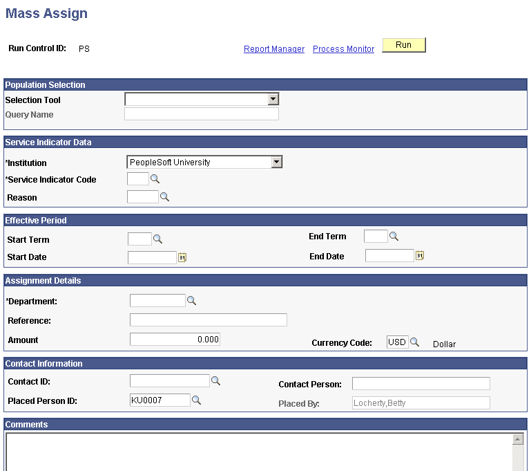 Example of the standard Population Selection group box on a Campus Solutions page