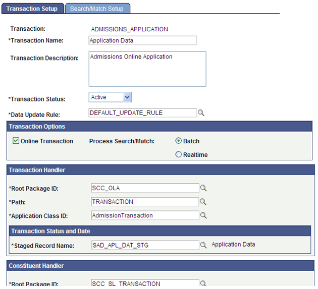 Example of Transaction Setup component with the SAD_APL_DAT_STG parent staging record for AAWS transaction