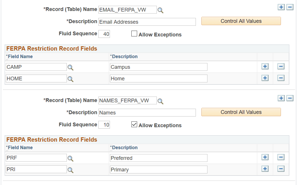 FERPA (Family Educational Rights and Privacy Act) Control page (2 of 5) - Email Addresses and Names