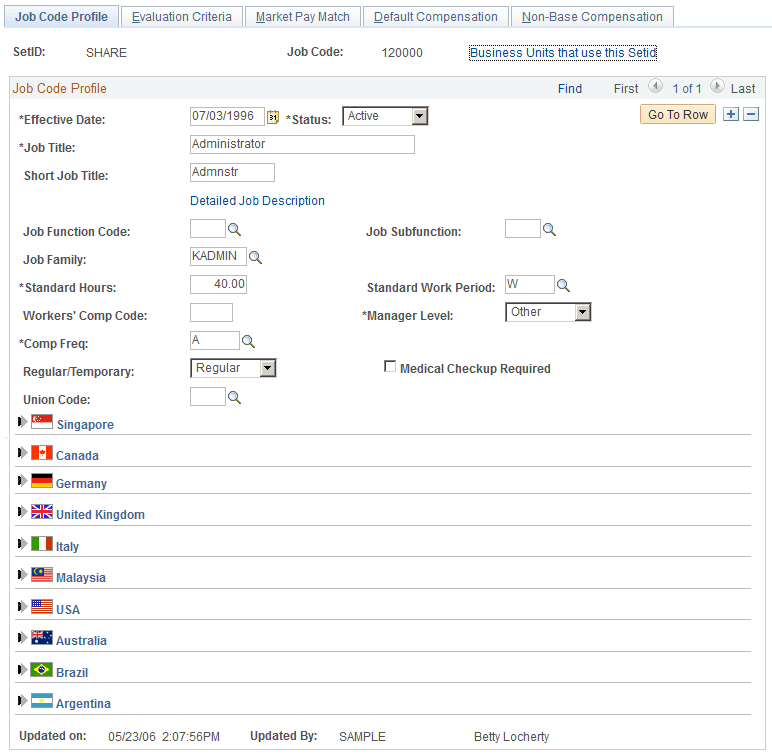 Job Code Profile page