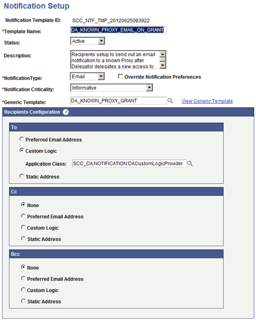 Notification Setup page for DA_KNOWN_PROXY_EMAIL_ON_GRANT