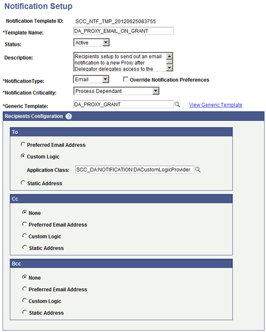 Notification Setup page for DA_PROXY_EMAIL_ON_GRANT