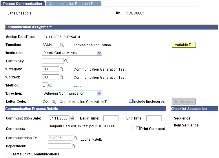 Person Communication page (1 of 2)