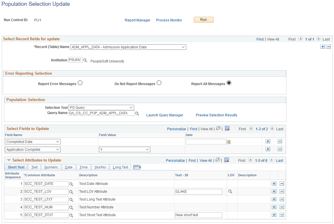 Population Selection Update page Population Selection Update page