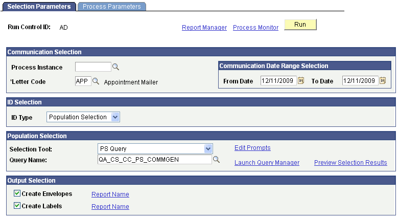 Selection Parameters page Selection Parameters page