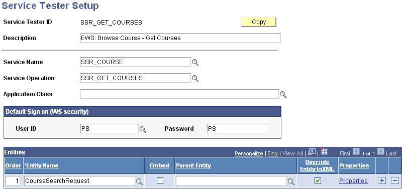 Service Tester Setup page Service Tester Setup page