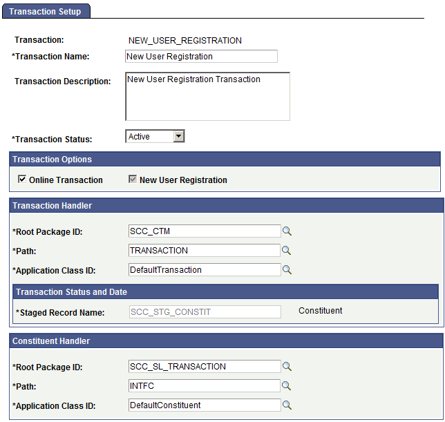 Transaction Setup page - New User Registration Transaction Setup page - New User Registration