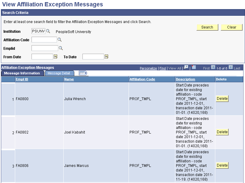 View Affiliation Exception Messages: Message Information tab View Affiliation Exception Messages: Message Information tab