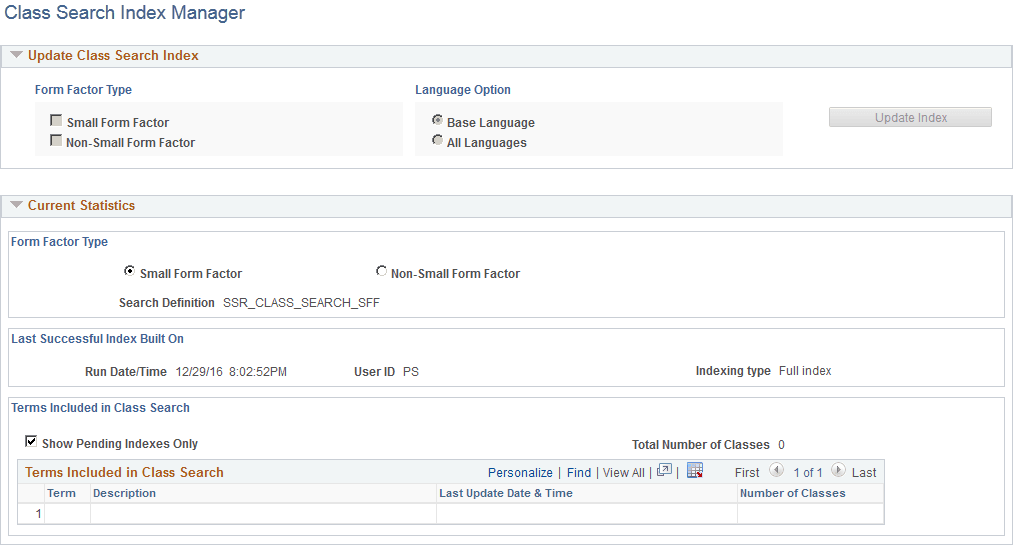 Class Search Index Manager page