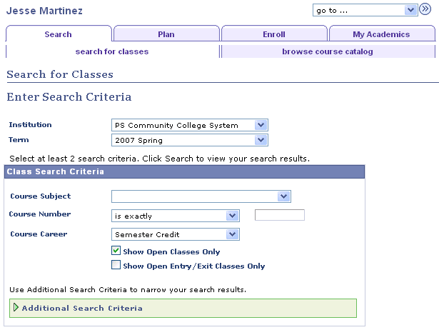Example of the Search for Classes page Example of the Search for Classes page