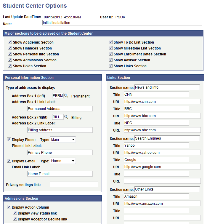 Student Center Options page 1 of 2 Student Center Options page 1 of 2