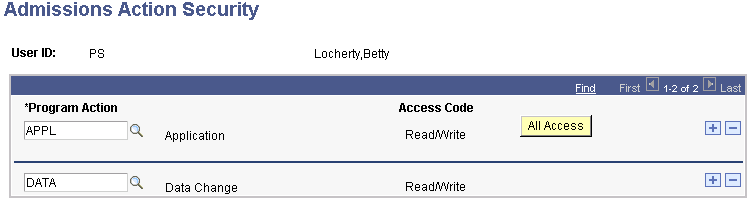 Admissions Action Security page Admissions Action Security page