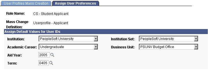 Assign User Preferences page Assign User Preferences page