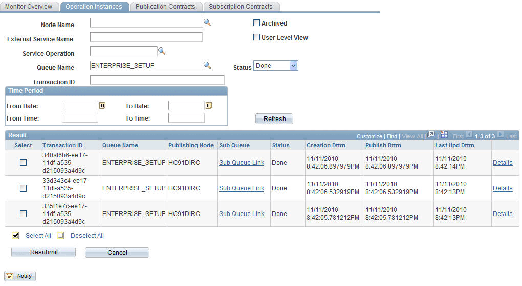 Asynchronous Service Operations Monitor page