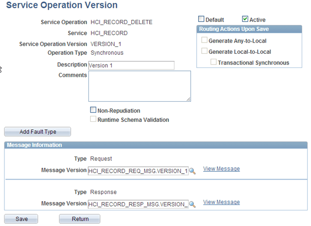 Example of Service Operation Version page (HCM)