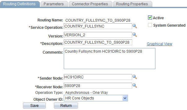 Service Operation Routing Definitions page
