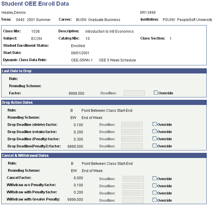 Student OEE Enroll Data page (1 of 2)