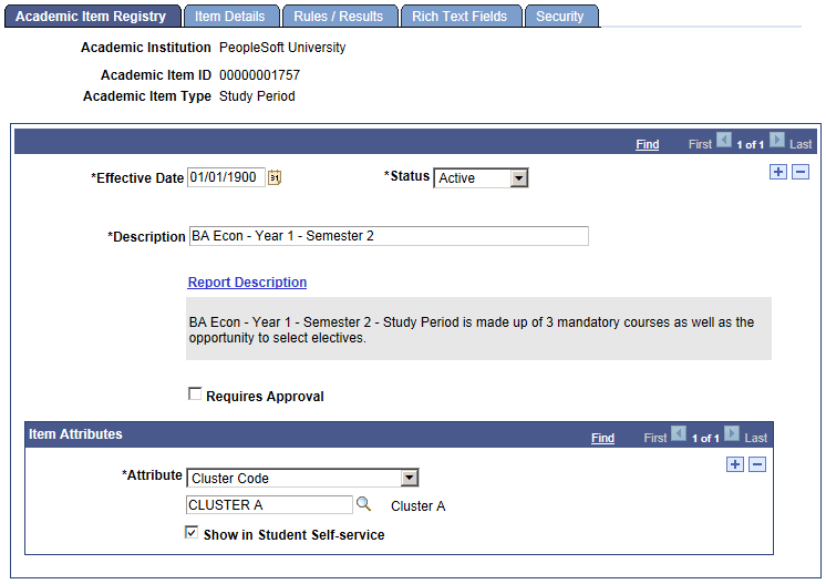 Academic Item Registry page Item Attributes example