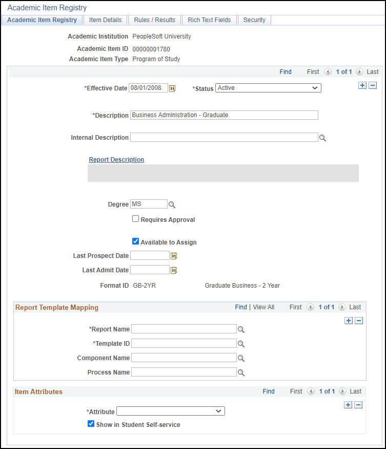 Academic Item Registry (PRG) (program) page