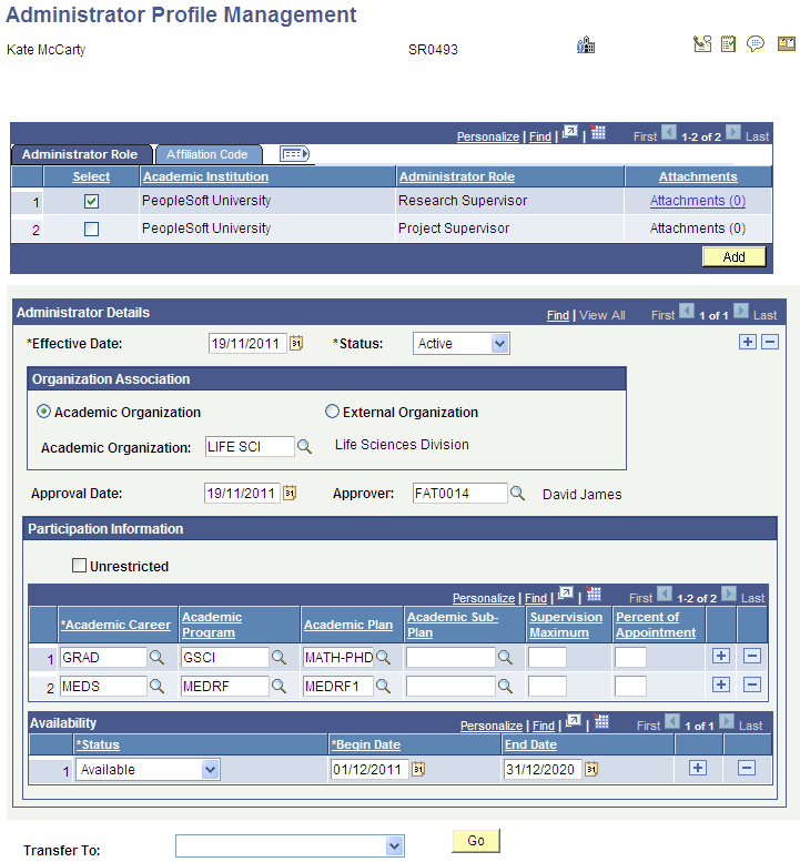 Administrator Profile Management page