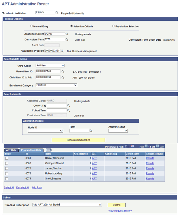 APT (Academic Progress Tracker) Administrative Roster page