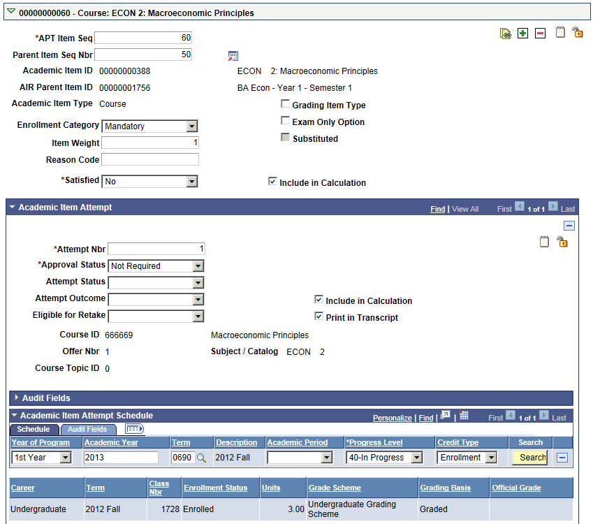 APT (Academic Progress Tracker) Items Page: Course item example
