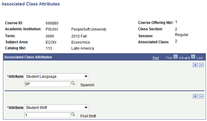 Associated Class Attributes page Associated Class Attributes page
