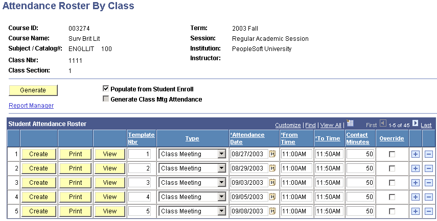 Attendance Roster By Class page
