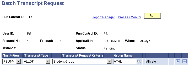 Batch Transcript Request page