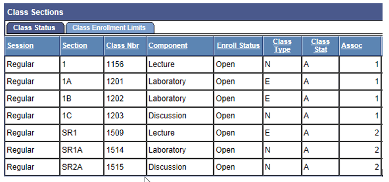 Class Sections page: Class Enrollment Limits tab