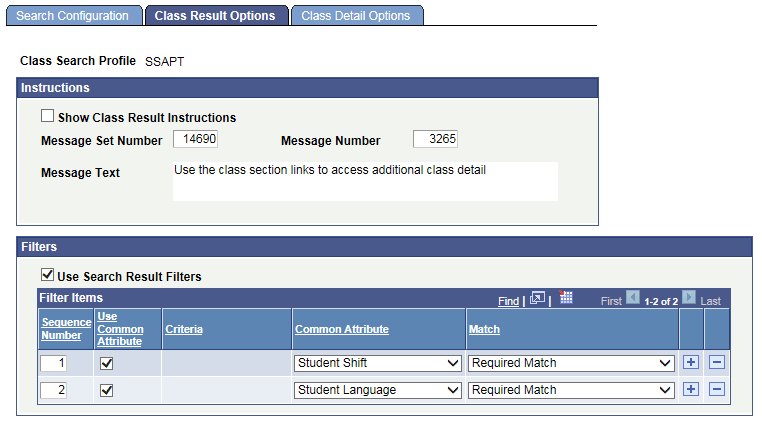 Configuring class search filters for program enrollment