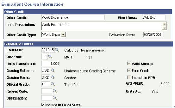 Equivalent Course Information page