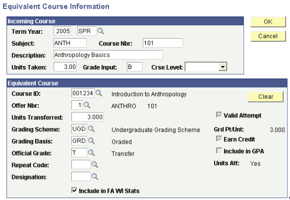 Equivalent Course Information page