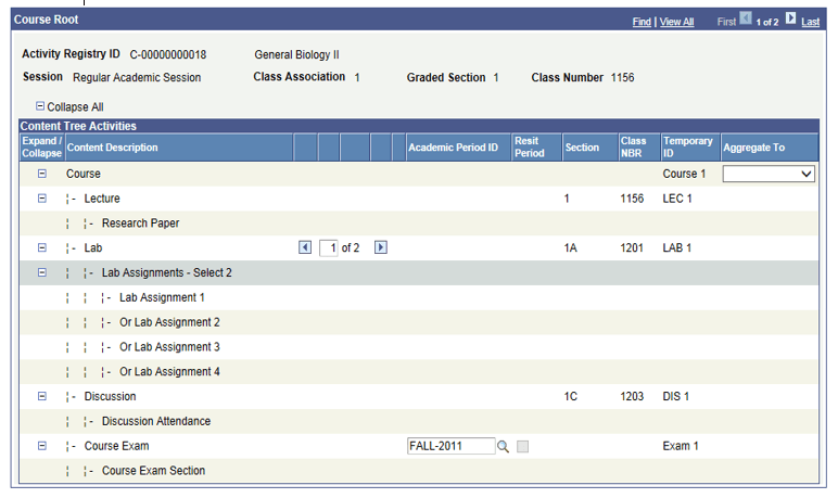 Example of content tree activities for individual graded section