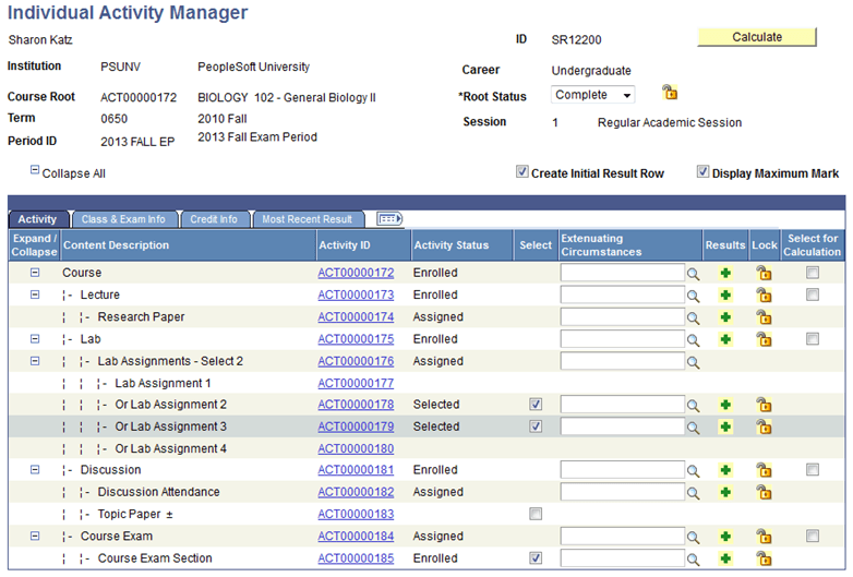 Individual Activity Manager page - Activity tab