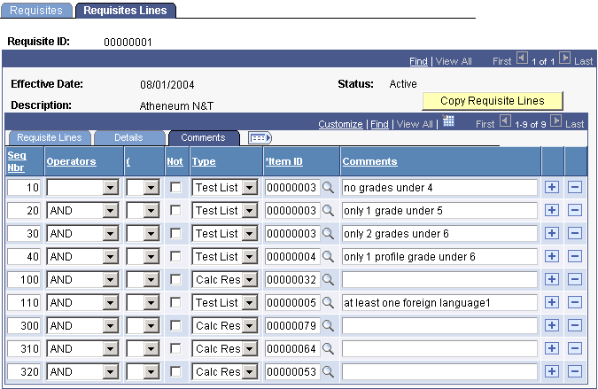 Requisites Lines page: Comments tab