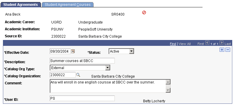 Student Agreements page