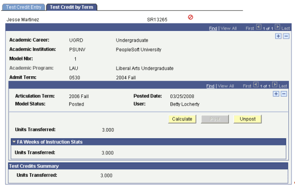 Test Credit by Term page