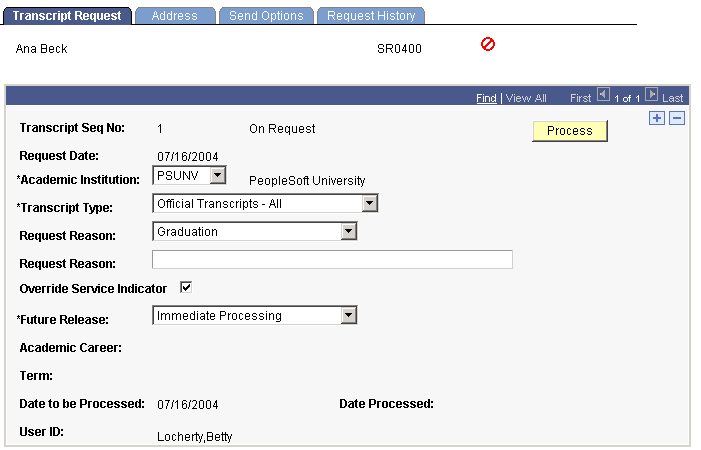 Transcript Request page