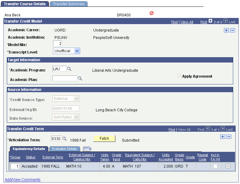 Transfer Course Details page