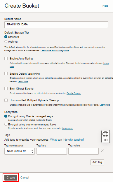Create Bucket page