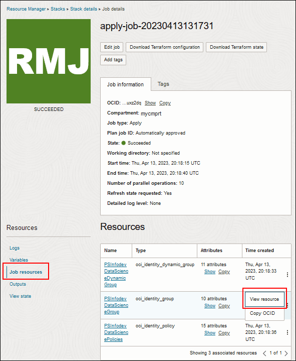 Job details page, select View resource