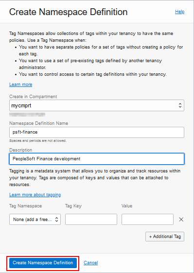 Create Namespace Definition page