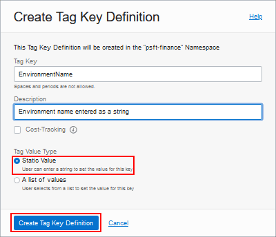 Create Tag Key Definition with a static value